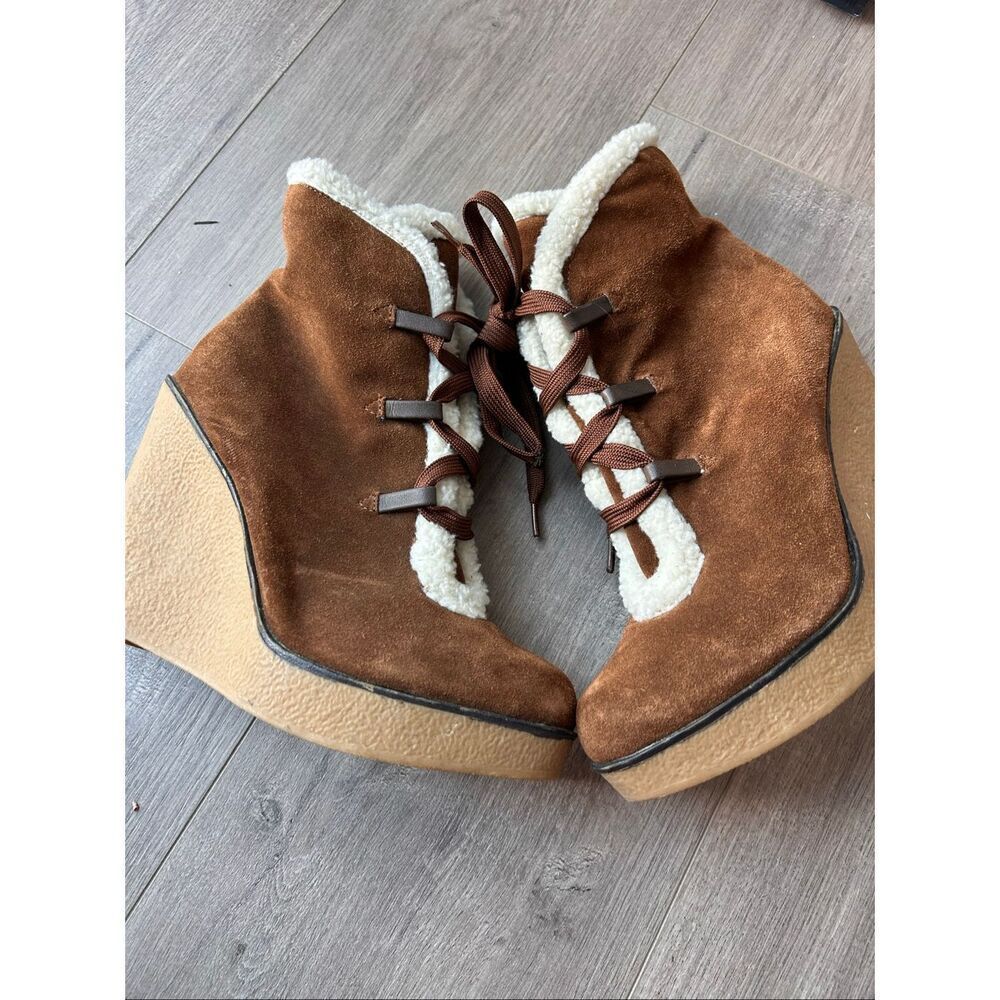 MIA Glenda Brown Leather Suede Lace-up Platform Wedge Booties Size 7.5M